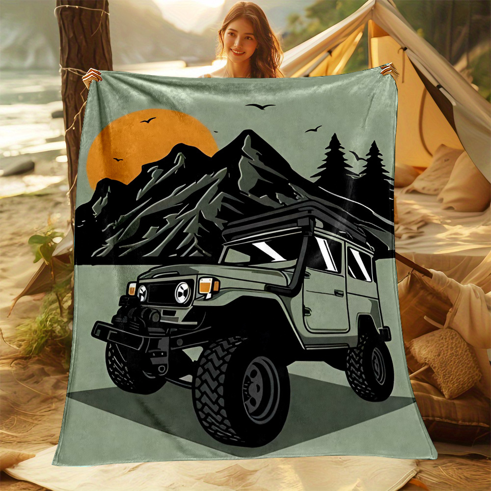 Outdoor Adventure Jeep - Couverture décorative confortable avec illustration d'un